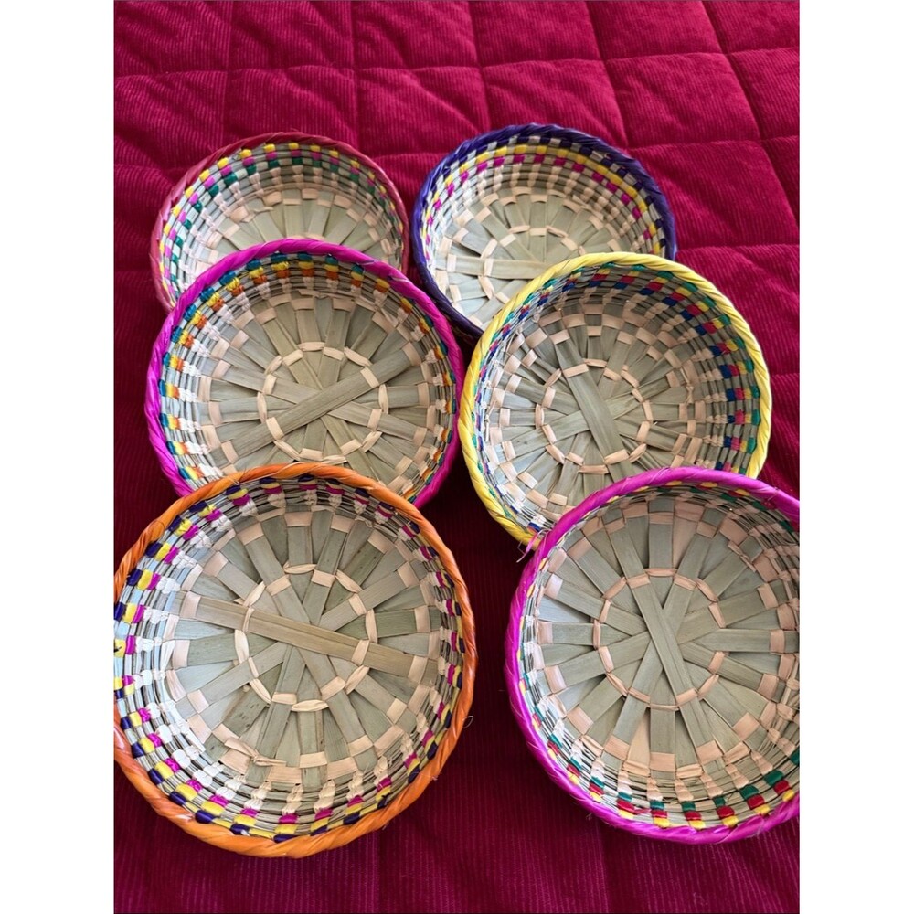 6 MEXICANA Handwoven Round Baskets - Natural, Pink, Yellow, Orange, Purple